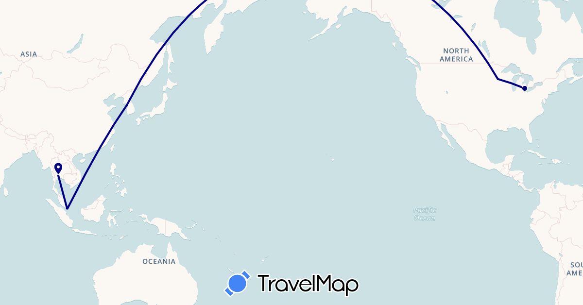 TravelMap itinerary: driving in South Korea, Singapore, Thailand, United States (Asia, North America)